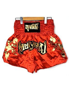 EMNV Muay Thai Shorts XL Red Gold Satin Boxing MMA Kickboxing Thailand Combat